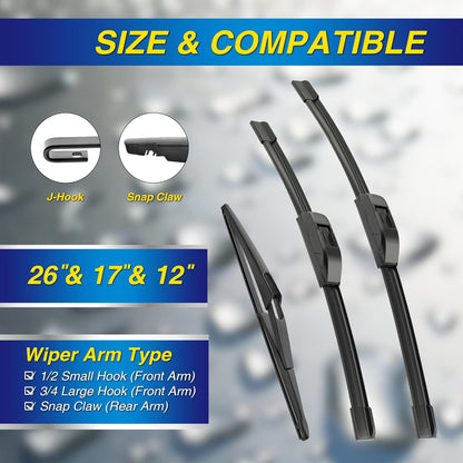5 PLUS® Silicone Windshield Wipers Replacement for NISSAN Rogue 2014-2023 Pathfinder 2013-2020/ INFINITI QX60 2014-2021 Wiper Blades(3 PCS),Automotive Replacement Windshield Wiper Blades-26"/17"/12"