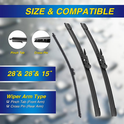 5 PLUS® Silicone Windshield Wipers Replacement for Ford Edge 2015 2016 2017 2018 2019 2020 2021 2022 2023 Wiper Blades(Set of 3),Automotive Replacement Windshield Wiper Blades For My Car-28"/28"/15"